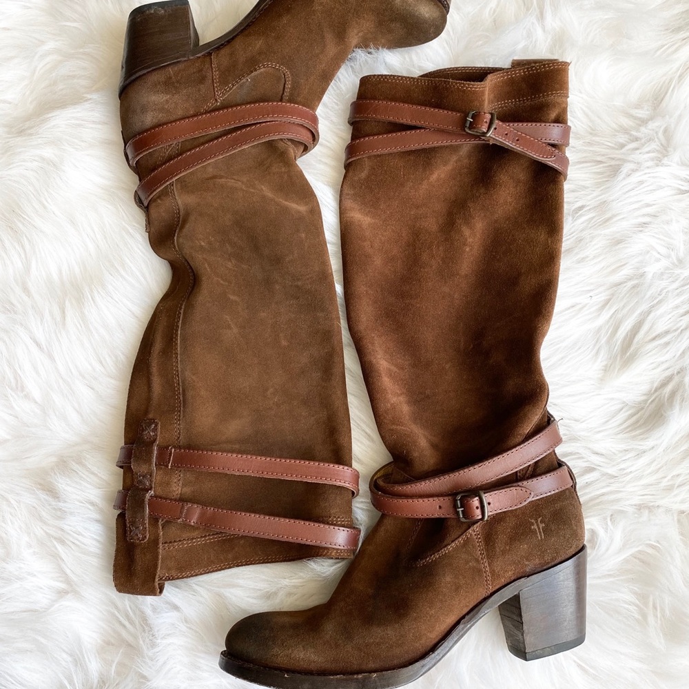 Frye Jane Tall Strappy Boots Brown Suede 7.5B